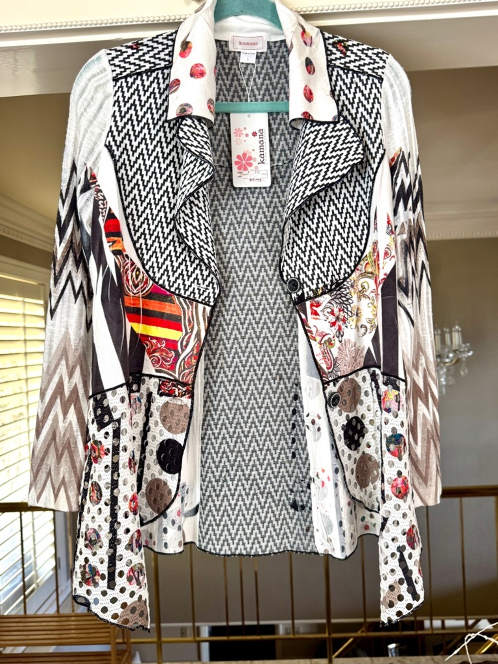 Kamana Black & White Patterned Cardigan with Pink Floral Accents